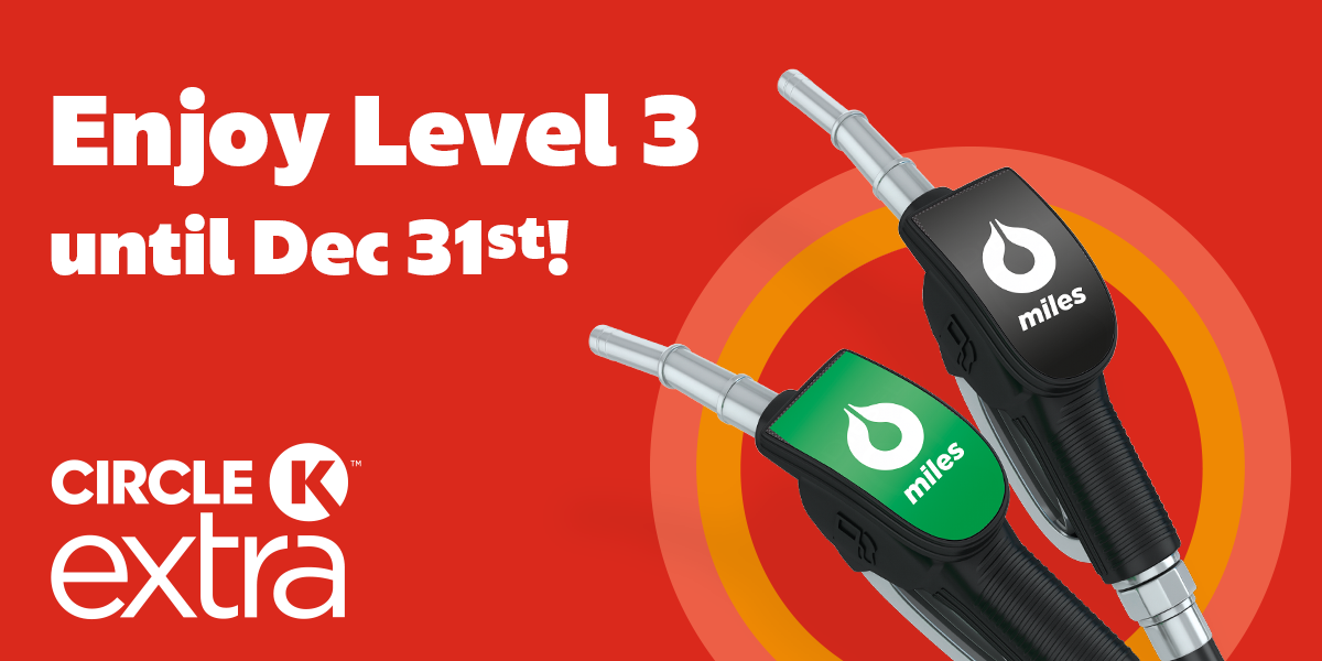 2 fuel pumps on a red background with the headline Enjoy Level 3 until Dec 31st! and the CK Extra logo