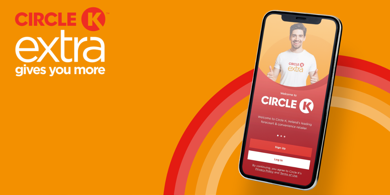 Circle K Extra ad with slogan "gives you more" and a smartphone displaying a Circle K app login screen.